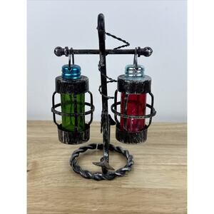 Nautical Glass Hanging Lantern Salt & Pepper Shakers with Metal Anchor Stand-VTG